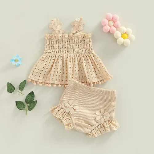 Miniatura 167 de TheFound Trajes de verano para niñas pequeñas, sin mangas, de punto acanalado, halter, pantalones cortos, ropa para recién nacidos, conjunto de 3
