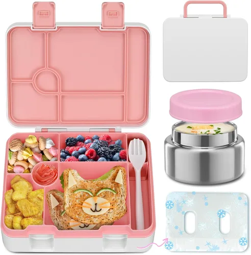 Miniatura 9 de Fiambrera Bento para niños con paquete de hielo, caja Bento a prueba de fugas de 5 compartimentos con utensilios, capacidad de 5.5 tazas