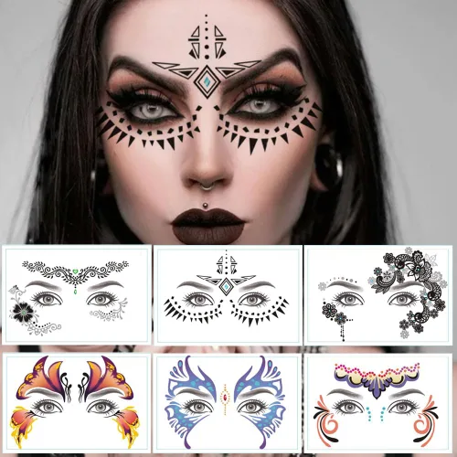 Paquete de 9 calcomanías de maquillaje facial de ojos, impermeables, de encaje negro, tatuaje temporal para mujeres y niñas, Halloween, Navidad,