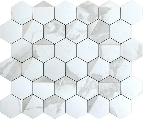 Miniatura 17 de DICOFUN 1 lámina de loseta adhesiva en muro de mármol gris largo octogonal, azulejos adhesivos de piedra falsa de PVC con metal plateado para pegar