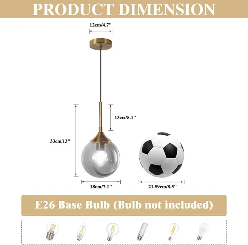 Miniatura 2 de KCO Lighting - Lámpara colgante moderna de globo de 1 luz, luz colgante de vidrio ahumado individual grande de mediados de siglo, latón cepillado