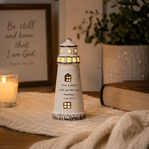 DAILYBREAD Lámpara de faro cristiano, pequeña luz nocturna de cerámica con versículo de la Biblia, regalo de fe inspirador para niños, estudiantes,