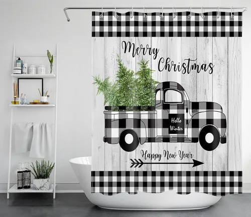 Miniatura 10 de EOBTAIN Cortina de ducha de hojas verdes de Navidad para baño, ramas de piña y abeto con bayas rojas sobre negro, cortina de ducha con 12 ganchos