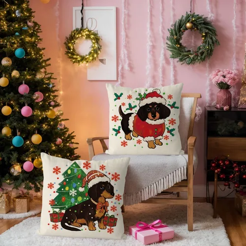 Miniatura 2 de Juego de 4 fundas de almohada navideñas para decoración de perro salchicha para el hogar, sofá, sala de estar, 16 x 16 pulgadas