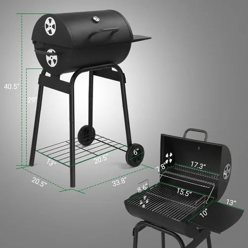 Miniatura 6 de Outvita Asador de carbón en barril con rejilla para calentar, parrilla de barbacoa al aire libre con mesa lateral delantera con amplia área