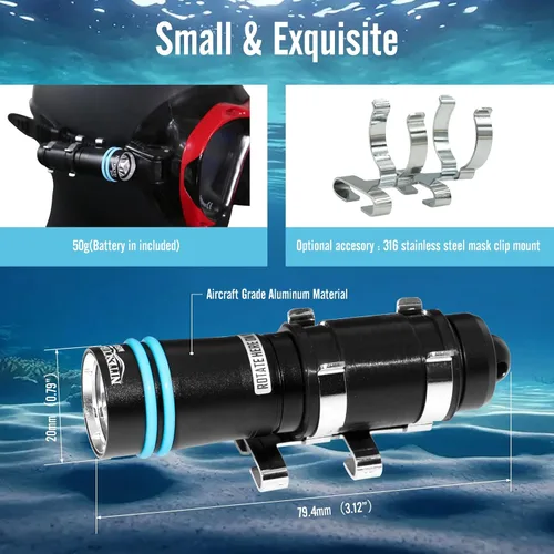 Miniatura 4 de nitescuba MS02 - Mini máscara de buceo, linterna de buceo, linterna subacuática, 229.7 ft, interruptor giratorio de 500 lúmenes, con batería y clip