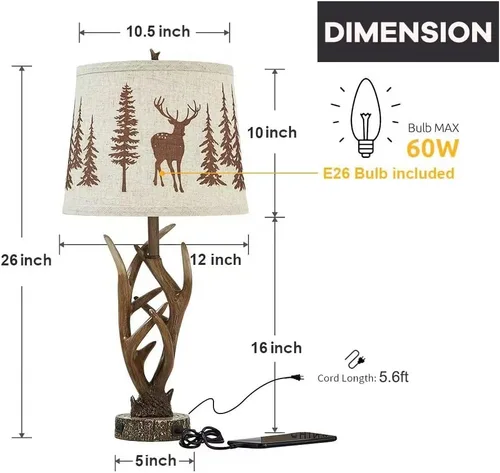 Miniatura 5 de Dungoo Juego de 2 lámparas de mesa rústicas de ciervo occidental con luz nocturna, lámparas de noche rústicas de 26 pulgadas para dormitorio con 2