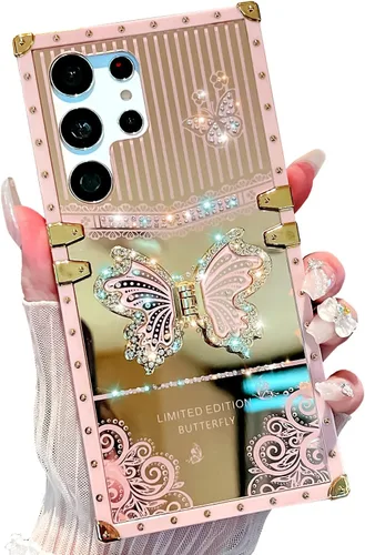 Miniatura 7 de Compatible con Funda Samsung Galaxy S22 Ultra, Diseño de Mariposa Brillante de Lujo con Soporte Plegable Kickstand para Mujeres y Niñas, Funda Rosa