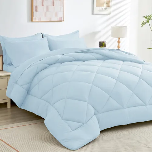 Miniatura 21 de HEVUMYI - Juego de edredón King de 7 piezas para todas las estaciones, cama en una bolsa, ultra suave, juego de cama con edredón, sábana plana, Azul