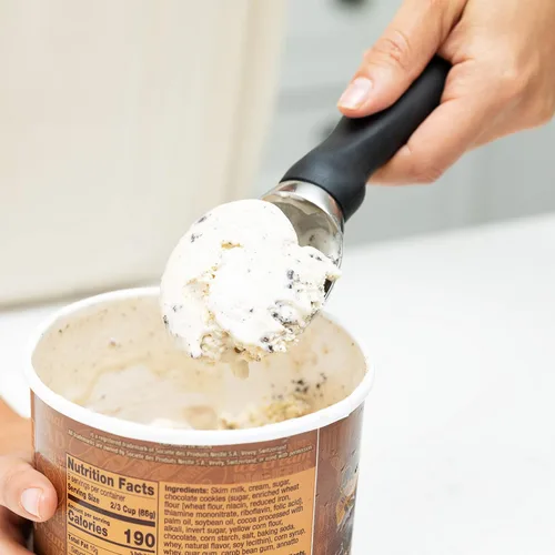 Miniatura 6 de Spring Chef Cuchara de helado de acero inoxidable 18/8 con mango de agarre suave, cuchara de helado resistente para helados, sorbetes, masa de Negro
