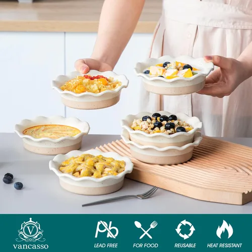 Miniatura 5 de vancasso Juego de 6 mini moldes para tartas, platos profundos de cerámica de 5.2 pulgadas con borde ondulado para hornear, aptos para microondas