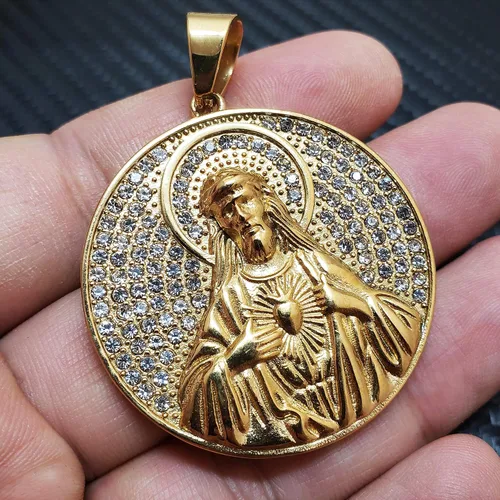 Miniatura 4 de Colgante de acero inoxidable con dije de medalla de Jesús Santo en tono dorado