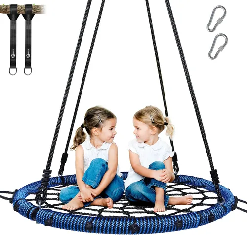 Trekassy 750lbs 40" Columpio de Árbol Tipo Platillo Tela de Araña para Niños y Adultos, Columpio de Red Exterior con Marco de Acero y 2 Correas Azul