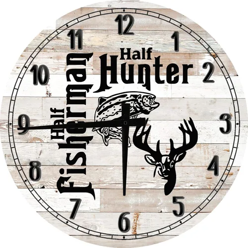Arte de pared de pesca, medio pescador, cazador, pesca, caza, arte de pared, grande, redondo, madera, reloj de pared, decoración de 12 pulgadas,