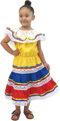 Florkorico Colombiano Venezolano Bandera Ecuador Colores Vestido Festivo Florkorico para Niñas Edades 0-12 Representación País