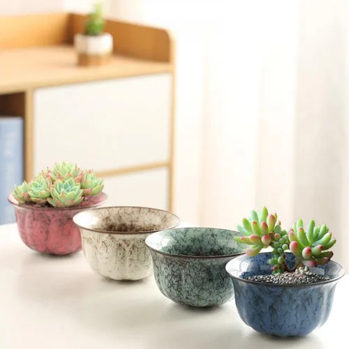 Miniatura 3 de Macetas para suculentas con drenaje en relieve con patrón de dragón en relieve, bandeja de bambú, maceta de cerámica, 4 piezas, macetas, macetas