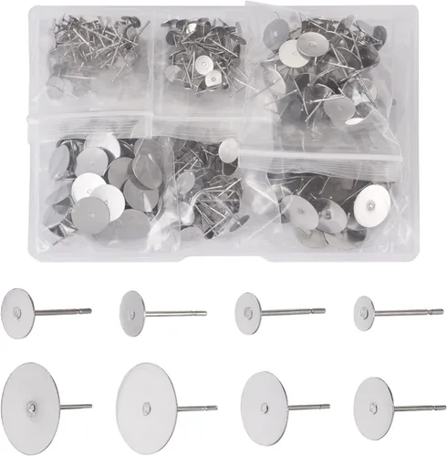 Craftdady 400 aretes de acero inoxidable de 0.15 a 0.55 pulgadas, 8 tamaños, almohadillas planas, redondas, en blanco, para hacer joyas Almohadilla