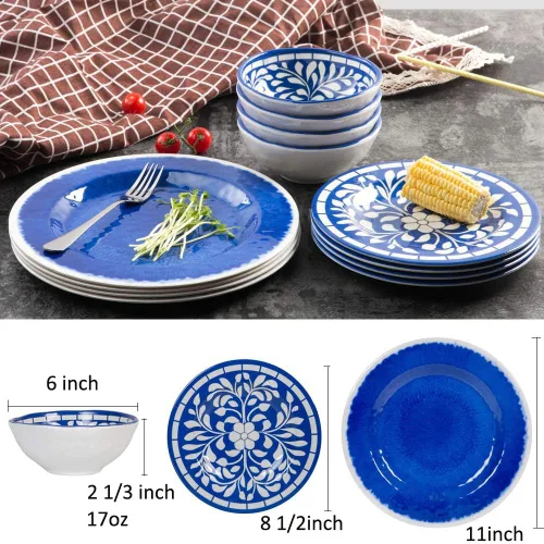 Miniatura 2 de Juego de vajilla de melamina Yinshine - 12 piezas de platos y tazones para 4, juego de platos y tazones para uso en interiores y exteriores - Apto