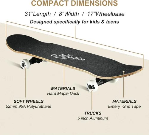 Miniatura 3 de Monopatín completo de 31 x 8 pulgadas, 7 capas, arce canadiense, doble patada, cóncavo, crucero, patineta para niños, niñas, adolescentes, adultos