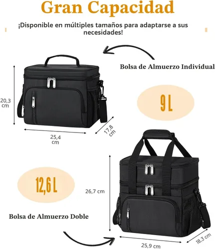 Miniatura 2 de Lonchera para Hombres, Bolsa de Almuerzo con Doble Aislamiento Reutilizable a Prueba de Fugas Bolsa Refrigeradora Portátil Bolsa de Comida para Negro