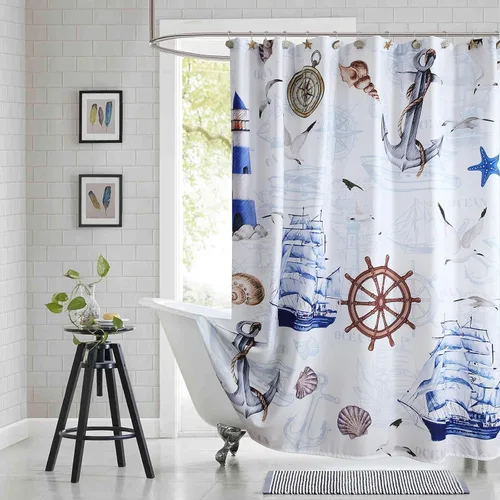 Miniatura 8 de Cortina de ducha náutica, cortina de ducha azul marino y blanca para cubículo de 54 x 72, cortinas de ducha de tela con estampado de ancla y velero