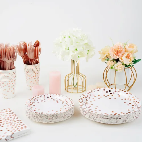 Miniatura 7 de Suministros de fiesta de oro blanco y rosa – Juego de vajilla desechable de 350 piezas – platos de papel blanco, servilletas, vasos, tenedores