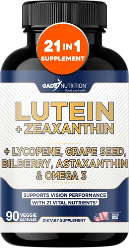 Gade Nutrition Suplementos de luteína y zeaxantina | Vitaminas para los ojos de astaxantina con Omega 3, resveratrol, arándano, licopeno,