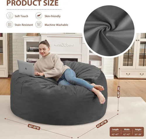 Miniatura 271 de Puf de 5 pies, puf grande con relleno de espuma viscoelástica, sofá puff esponjoso con funda de terciopelo holandés, puf redondo para sala de estar