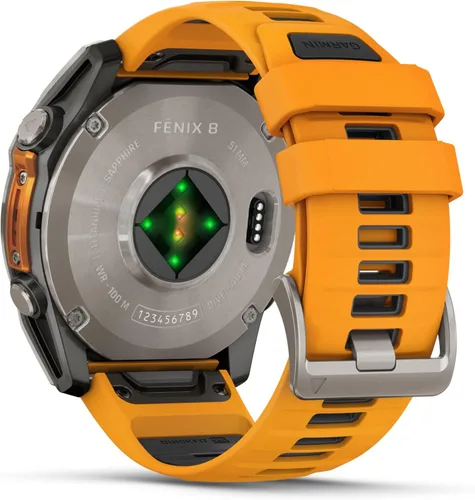 Miniatura 6 de Garmin Fenix 8 – 2 pulgadas, reloj inteligente multideporte GPS AMOLED, zafiro, titanio con banda de silicona naranja brillante/grafito, linterna