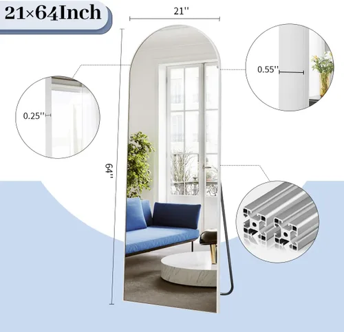 Miniatura 4 de BEAUTYPEAK Espejo de Piso de Cuerpo Completo Arqueado de 64"x21", Espejo de Longitud Completa para Colgar o Apoyar con Parte Superior Arqueada, Plata