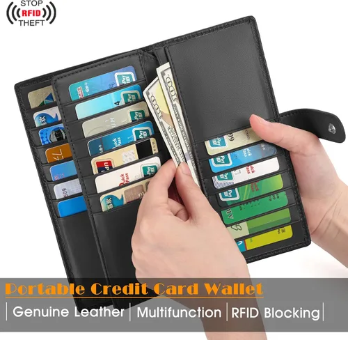 Miniatura 2 de Cartera de piel auténtica para mujer con bloqueo RFID, Negro -, Plegar y Negocios