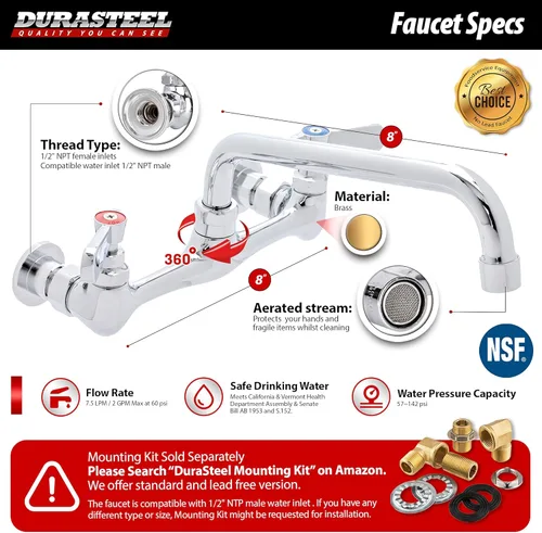 Miniatura 4 de DuraSteel 304 Fregadero Utilitario Comercial de Acero Inoxidable - 18 Pulgadas de Tubo Independiente, Fregadero de Preparación para Cocina con Grifo