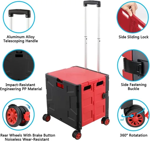 Miniatura 6 de Carrito de Compras Utilitario Plegable Portátil Rodante Caja con Carretilla de Mano con Rueda Giratoria de 360°, Tapa Oculta, Mango Telescópico Rojo