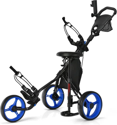 Miniatura 14 de Tangkula Carrito de Golf de Empuje y Tirón con Asiento, Carro Plegable y Colapsable Liviano de 3 Ruedas, Carro de Golf con Freno de Pie, Soporte Gris