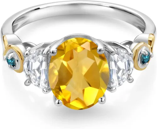 Miniatura 2 de Anillo ovalado de 3 piedras de plata 925 y oro amarillo de 10 quilates, citrino amarillo y piedra gema, moissanita creada King (2.01 quilates)
