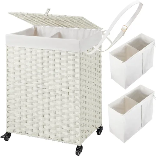 Greenstell Cesta de lavandería con ruedas, no necesita instalación, cestas tejidas a mano divididas de 90 litros y 2 bolsas extraíbles con forro,
