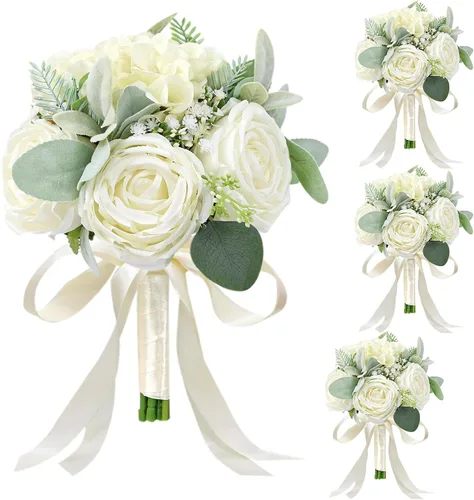 Miniatura 25 de Juego de 4 ramos para dama de honor para boda - Ramos de flores artificiales de 7 pulgadas para decoración de centros de mesa de ceremonia y Azul