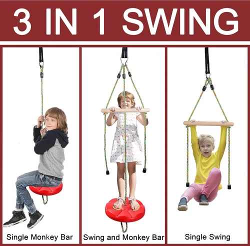 Miniatura 2 de Columpio de disco para niños, juego de columpios de árbol, accesorios de cuerda ajustable con barras de mono, 1 mosquetón, 2 correas para colgar Rojo