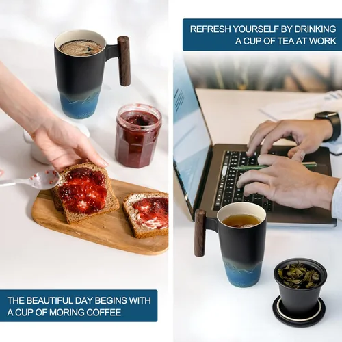 Miniatura 5 de suyika Tomotime - Taza de té de cerámica con infusor y tapa, asa de madera, 13.5 onzas (400 ml) Negra cian 01-negro y azul
