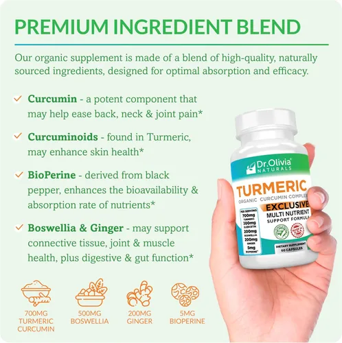 Miniatura 4 de Suplemento orgánico de cúrcuma con curcumina. Ideal para inflamaciones con jengibre, Boswellia & Bioperine®, complejo formulado por la clínica