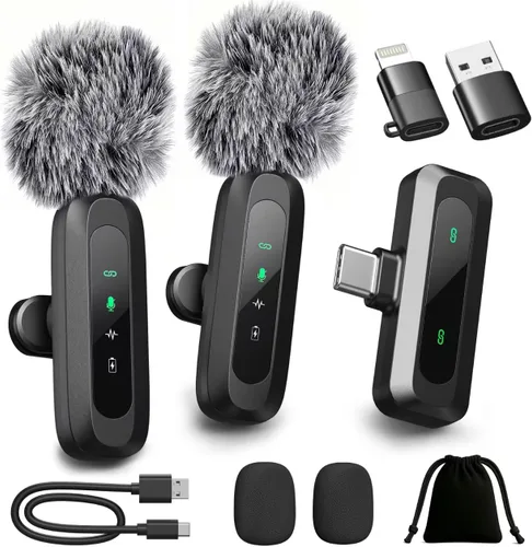 Miniatura 5 de Mini micrófono mejorado para iPhone, Android/iPad PC con pantalla LED, micrófonos inalámbricos con clip, micrófono Lavalier USB C con cancelación