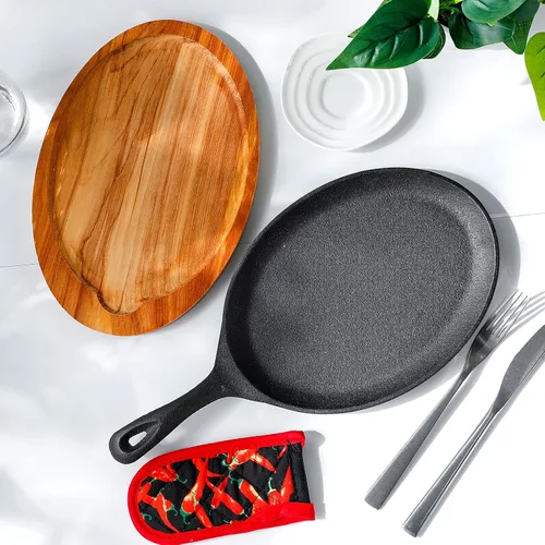 Miniatura 4 de Lallisa 1 Set Platos para Fajita de Hierro Fundido con Bandeja de Madera, Protección Anti Quemadura y Guante Térmico, Set de Sartén de Hierro