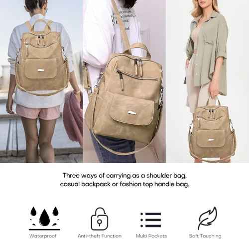 Miniatura 7 de Mochila de cuero para mujer, mochila de viaje de moda vintage, Caqui, Mochilas de viaje