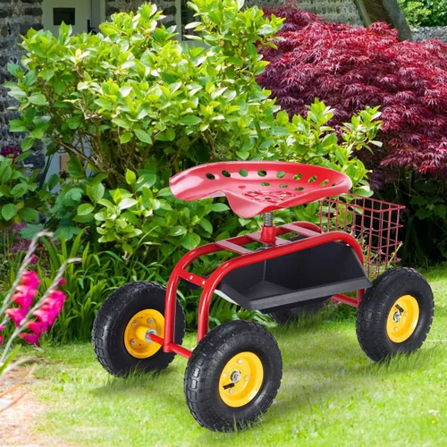 Miniatura 2 de Giantex Asiento de trabajo de jardín rodante, asiento de trabajo de jardinería giratorio 360 con ruedas, cesta de herramientas, altura ajustable