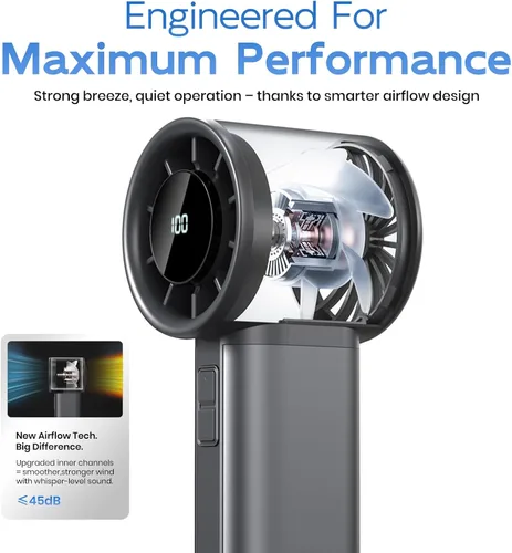 Miniatura 8 de Ventilador turbo portátil de mano, mini ventilador personal ajustable, funciona con batería recargable USB-C, pantalla digital, ultra silencioso
