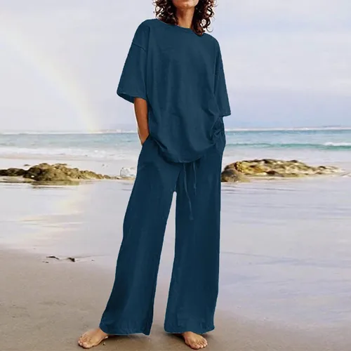 Miniatura 9 de Conjuntos de verano de 2 piezas para mujer, conjuntos elegantes y casuales de color liso, para verano, otoño, cuello redondo, tops y pantalones