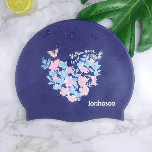 Miniatura 6 de Gorro de natación para mujer, gorra de natación de silicona para cabello largo con estampado de flores Azul marino