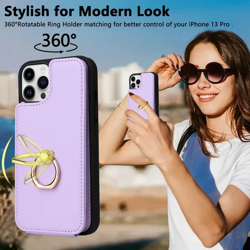 Miniatura 3 de Funda tipo cartera compatible con iPhone 13 Pro con soporte para tarjetas, rotación de 360º, soporte de anillo de dedo con función atril, protección