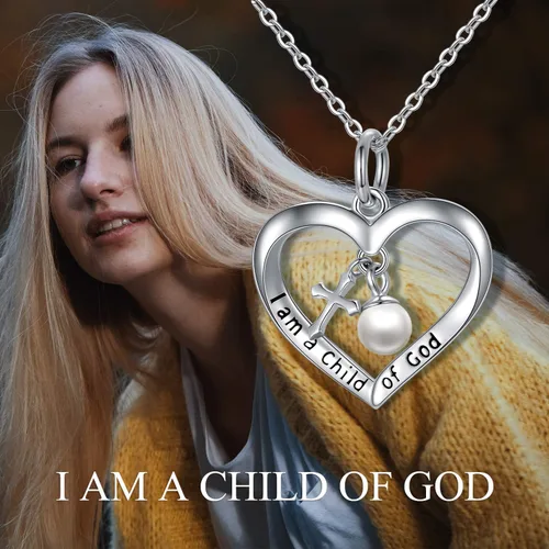 Miniatura 5 de PEIMKO Regalos de bautismo para niñas, collar con colgante de cruz con texto en inglés "I am a Child of GodGod", plata de ley 925, regalos