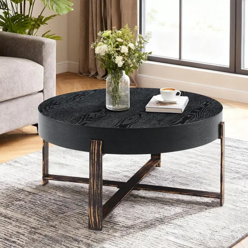 Miniatura 8 de Mesa de centro redonda de 30.7 pulgadas, mesas de centro modernas para sala de estar, mesa de té circular de madera con patas de metal